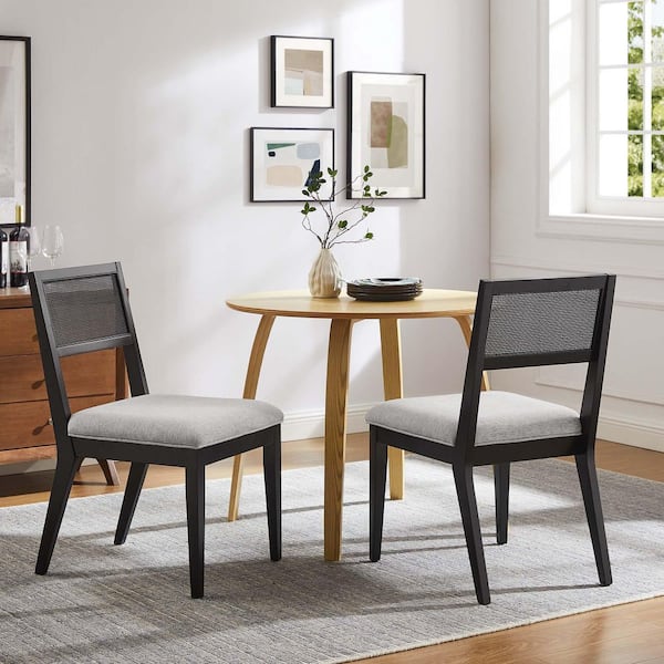 Nimba Set of 2 Wood Dining Chairs in Heathered Weave Light Gray-Kitchen Chairs with Faux Rattan Back and Fabric Seat