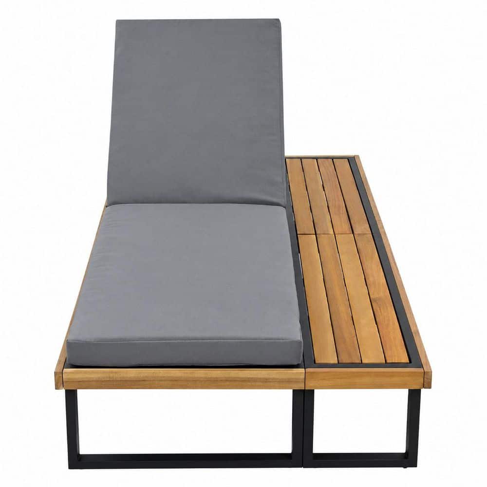 Outdoor Lounge Chair with Adjustable Backrest, Reclining with Gray Cushion, Wood Side Table, Sturdy Frame for Poolside