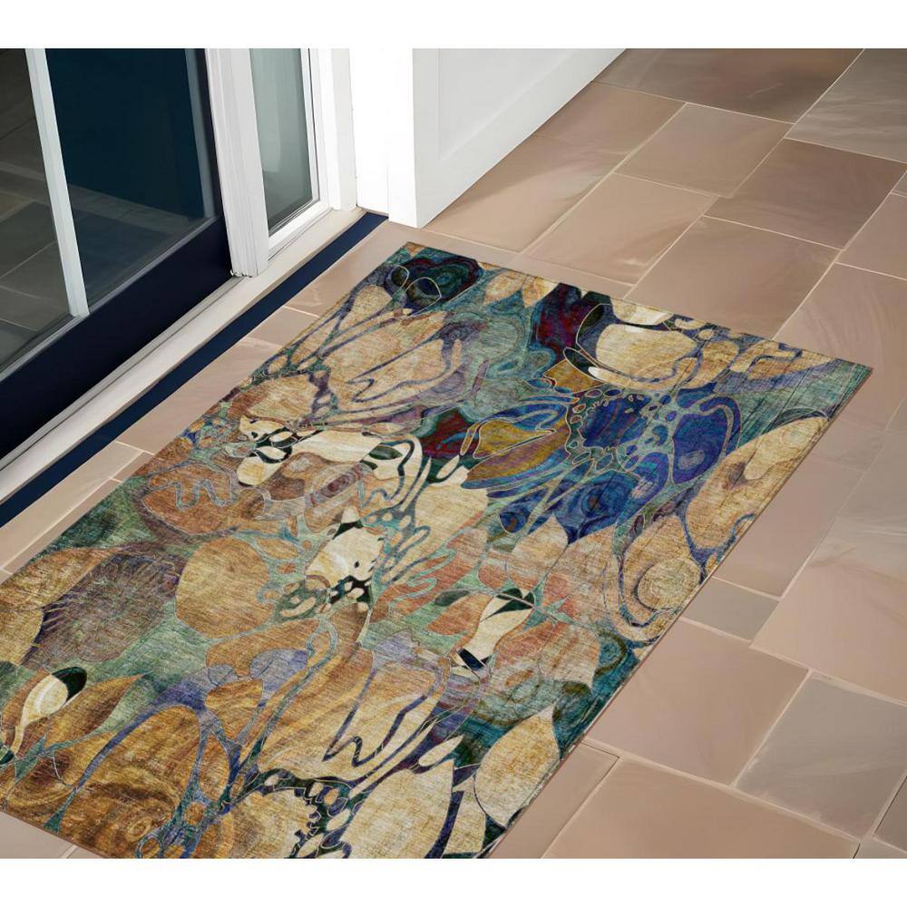 Beige and Blue Floral Synthetic Rectangular Outdoor Rug