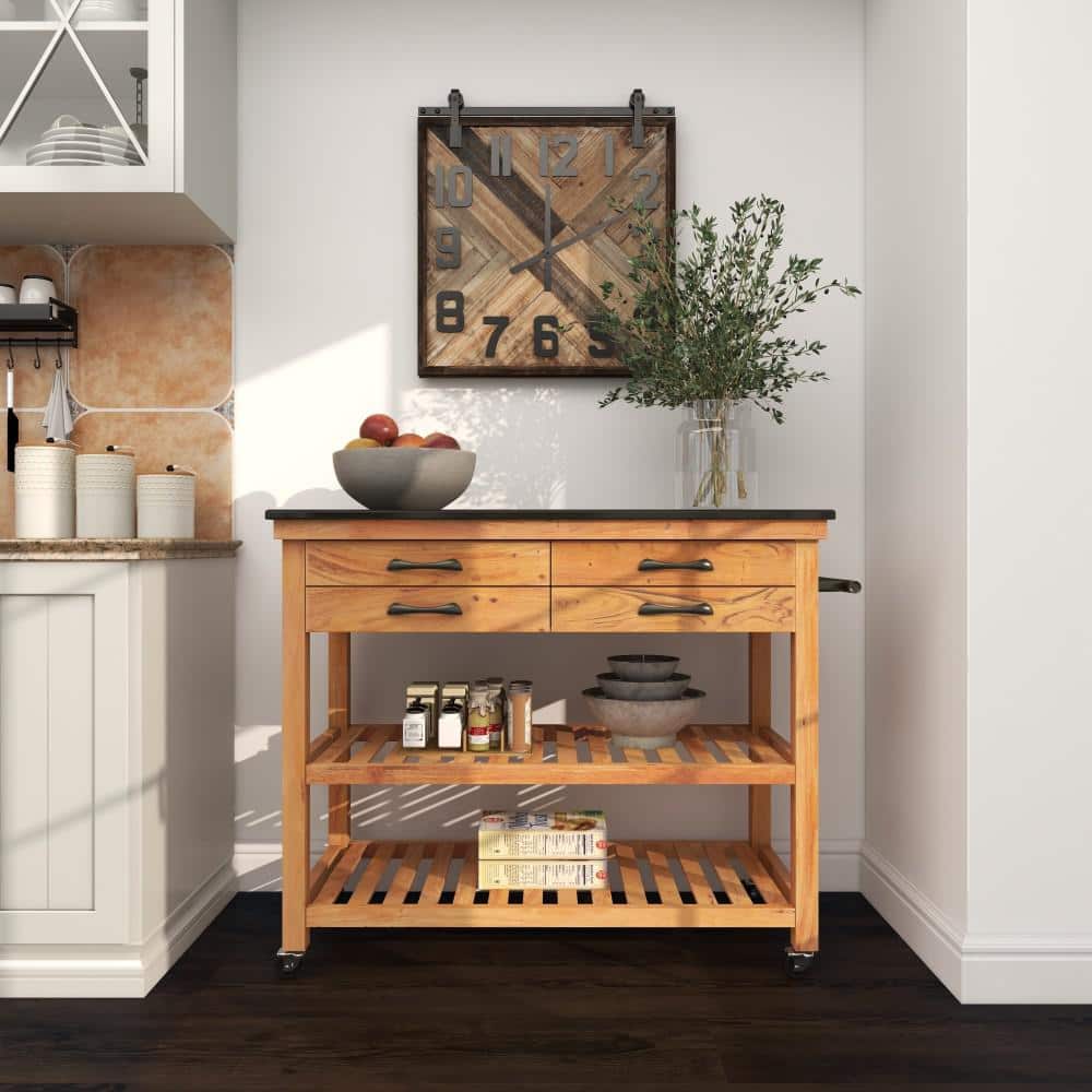 Brown Wood Kitchen Cart with Marble Top and Storage
