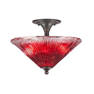 Bristol 11.75 in. 2-Light Dark Granite Semi-Flush with 16 in. Raspberry Crystal Glass Shade No Bulbs Included