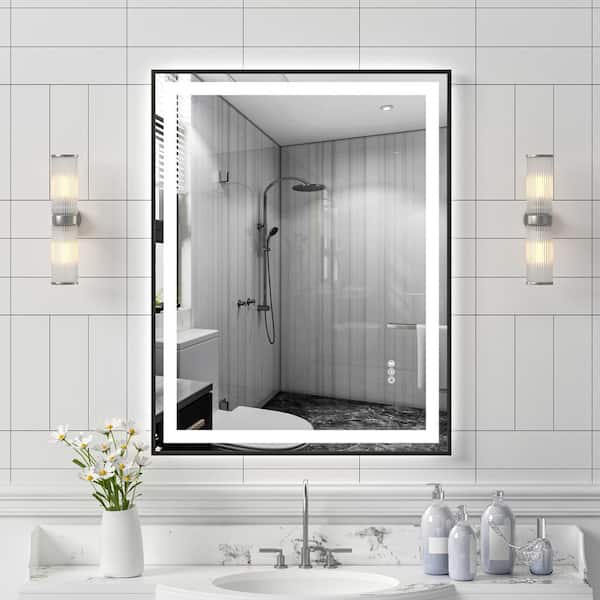 28 in. W x 36 in. H Rectangular Framed LED Anti-Fog Wall Bathroom Vanity Mirror, Tempered Glass, Backlit & Front Light