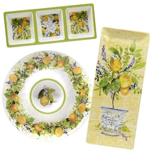 Lemon Zest 3-Piece Multicolored Melamine 19 in. Platter, 14.5 in. 3-Section Relish Tray, 14.5 Chip and Dip Hostess Set