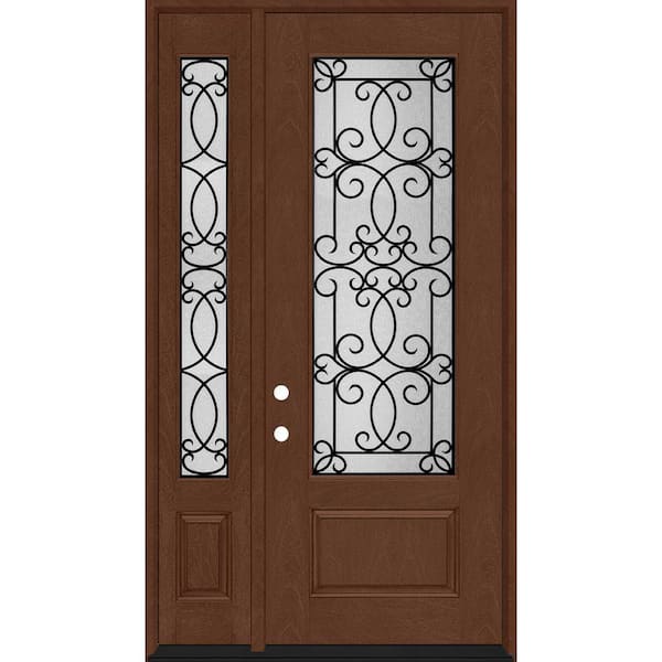 Steves & Sons Regency 53 in. x 96 in. 3/4Lite Georgian Decorative Glass RHIS Chestnut Mahogany Fiberglass Prehung Front Door 14in.SL