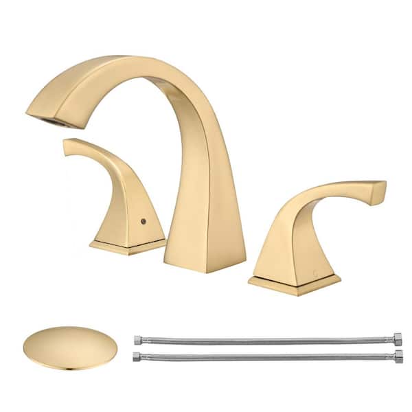 Pdpbath 8 in. Widespread Double Handle Bathroom Faucet with Metal Pop-Up Drain Assembly in Brushed Gold