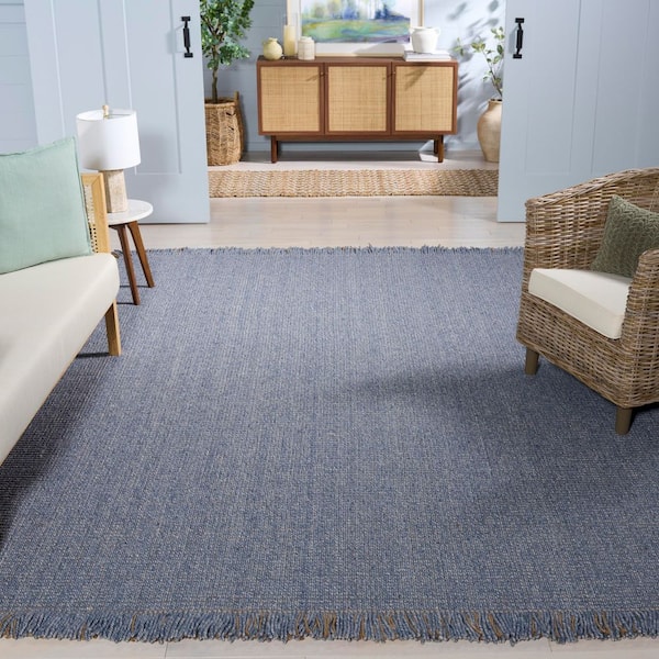 Natural Fiber 9 ft. x 12 ft. Navy Woven Solid Fringe Area Rug