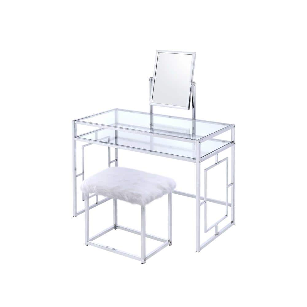Carenze Chrome & White Faux Fur Vanity Set with Tilt Mirror