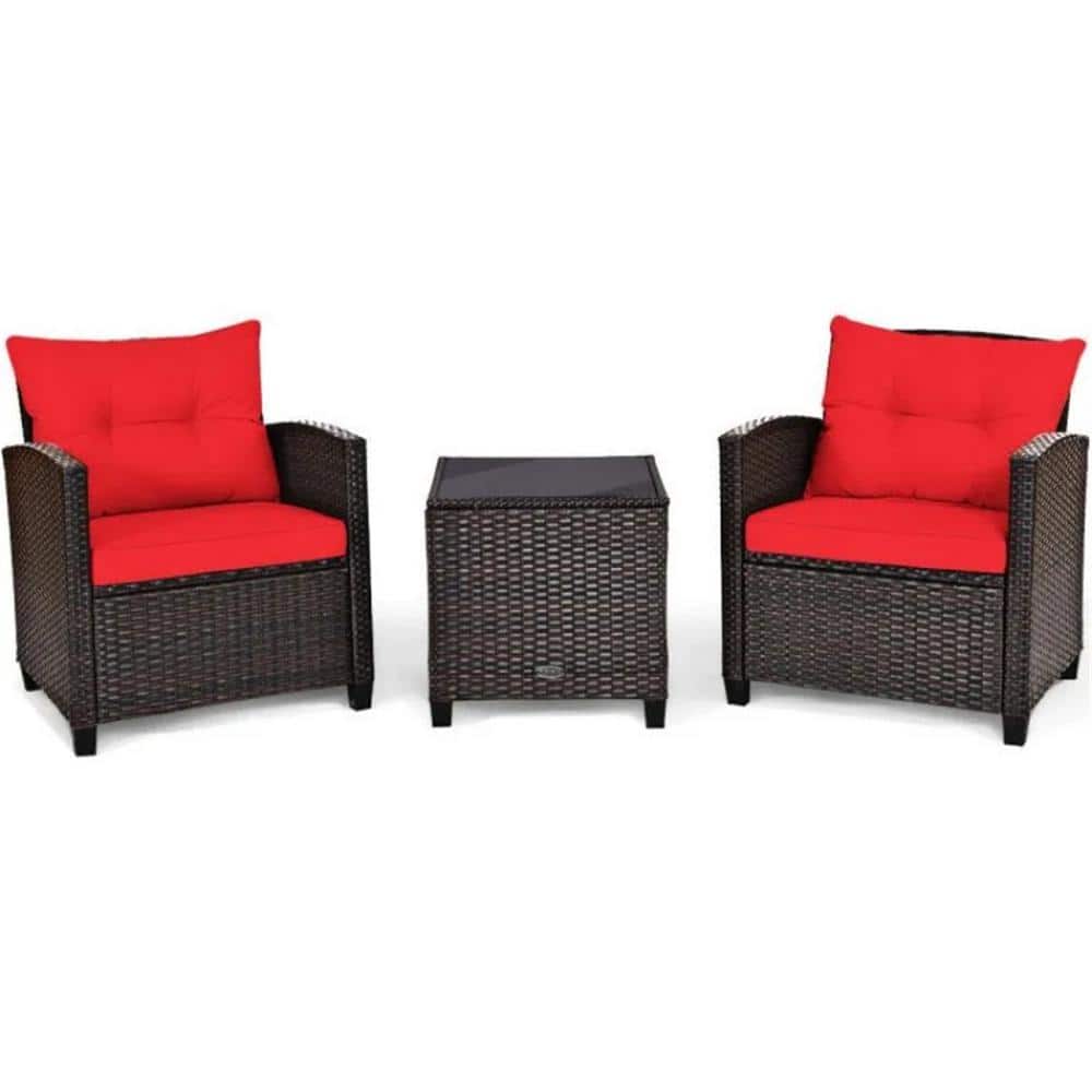 Brown 3-Piece Wicker Outdoor Lounge Chair Without Sunshade with Red Cushion
