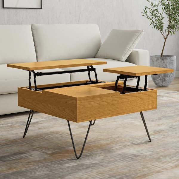 Simpli Home Hunter 32 in. Wide Square Wood Industrial Lift Top Coffee Table in Oak