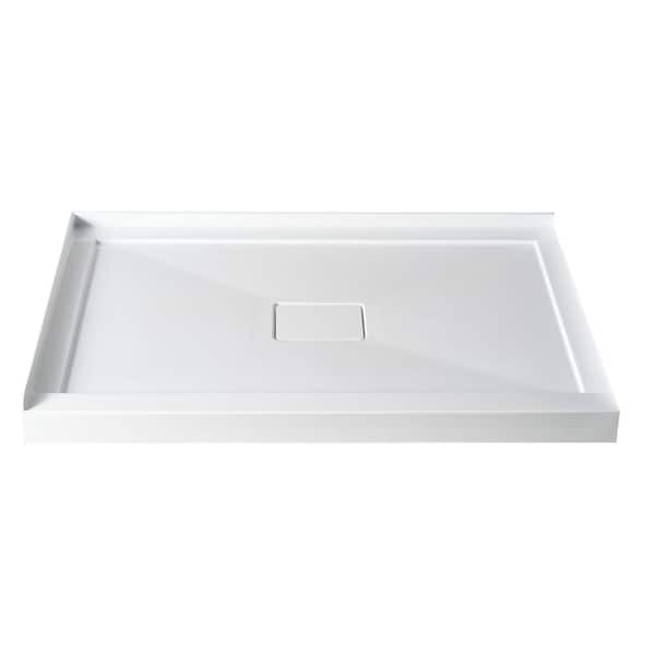 48 in. x 32 in. Double Threshold Shower Pan Corner Shower Pan Base with Center Drain and Magnetic Cover in White