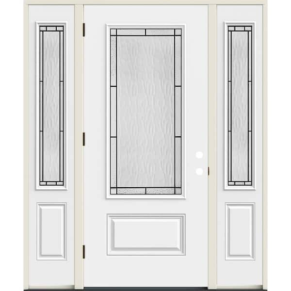 60 in. x 80 in. Right-Hand 3/4 Lite Decorative Glass Wendover Modern White Fiberglass Prehung Front Door w/Sidelites