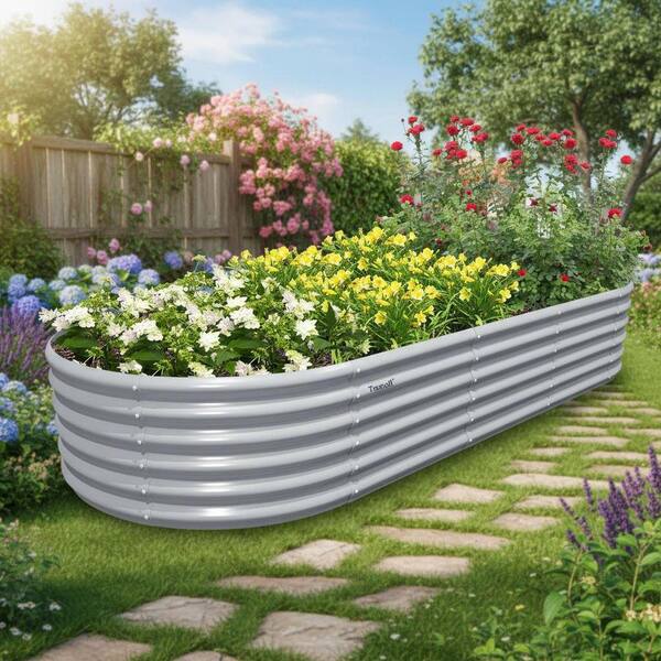 Light Grey 96 in. x 36 in. x 18 in. Oval Metal Raised Garden Beds