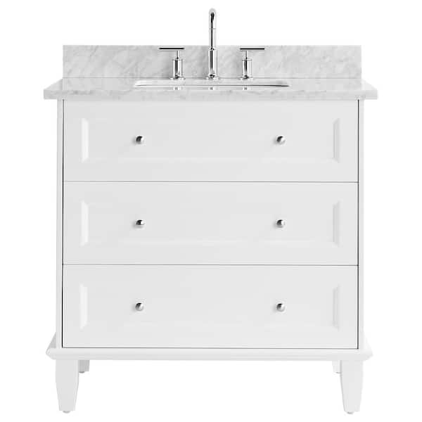 Chameleon Concepts Lenore 36 in. W x 21 in. D x 34 in. H Single Sink Bath Vanity in White with Carrara Marble Top and Ceramic Basin
