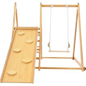 Wood Indoor Swing Set with Rock Climb Ramp for Toddlers