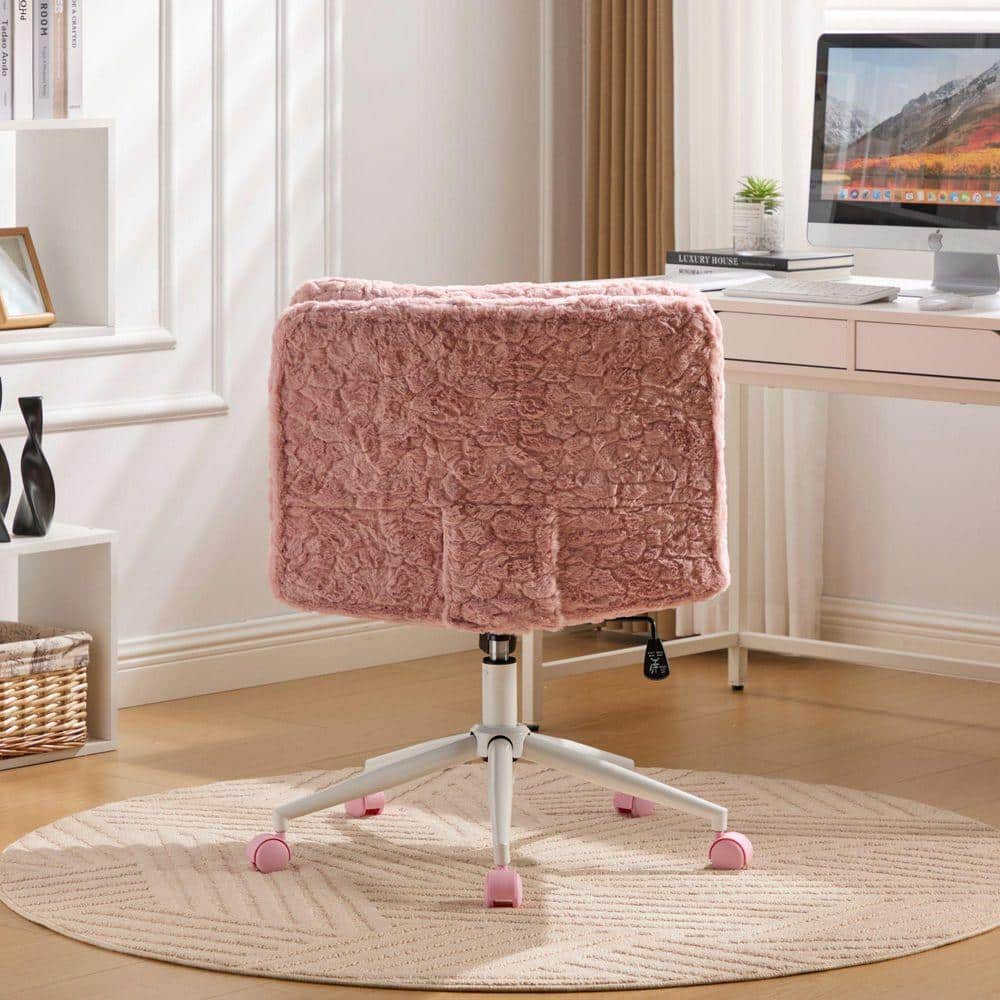 Wide Seat Faux Rabbit Hair Vanity Chair, Pink, SW1875PK
