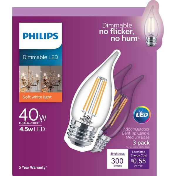 Philips 40-Watt Equivalent B11 Dimmable Edison LED Candle Light Bulb Glass Bent Tip Medium Base Daylight (5000K) (3-Pack) Philips 40-Watt Equivalent B11 Dimmable Edison LED Candle Light Bulb Glass Bent Tip Medium Base Daylight (5000K) (3-Pack)