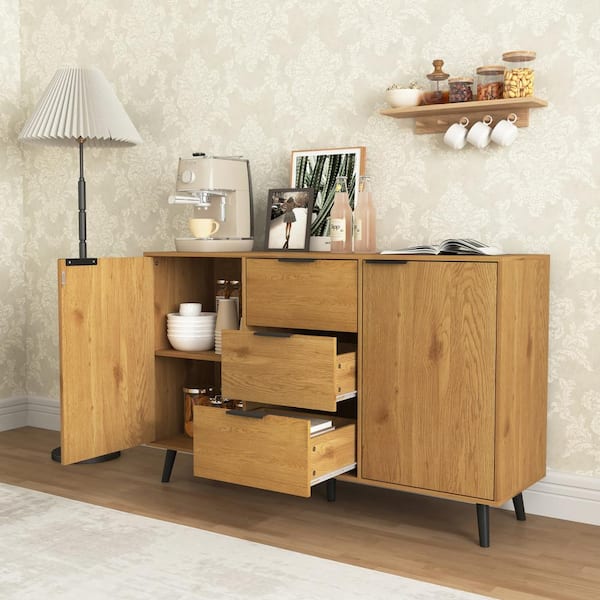 Nestfair Natural Wood 47.2 in. Sideboard Buffet Cabinet with 3 Drawers and 2 Doors