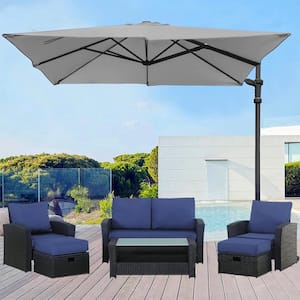 6-Piece Black Wicker Outdoor Sectional Set, Rattan Outdoor Patio Set with Blue Cushions, Ottoman and Tea Table