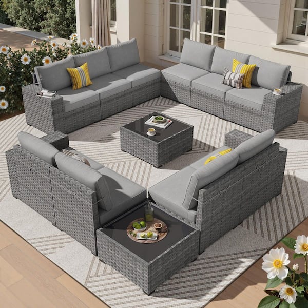 Lanora Gray 12-Piece PE Rattan Wicker Outdoor Patio Sectional Sofa Set with Dark Gray Cushion and Coffee Table