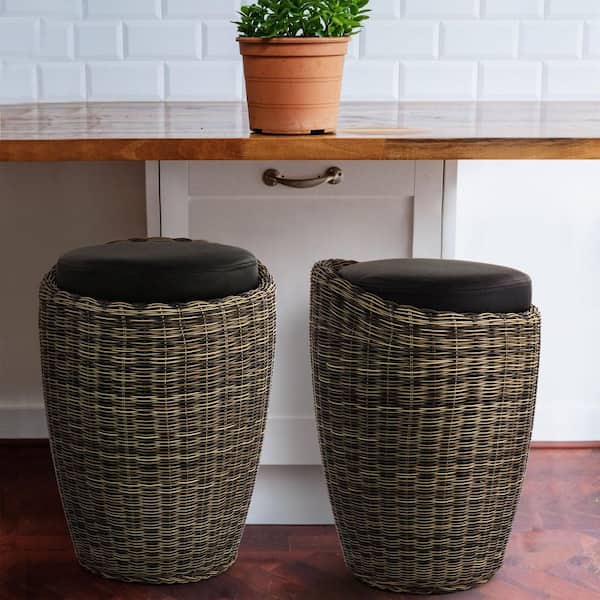 1-Piece 20.5 in. Faux Leather Wicker Outdoor Otoman Chair