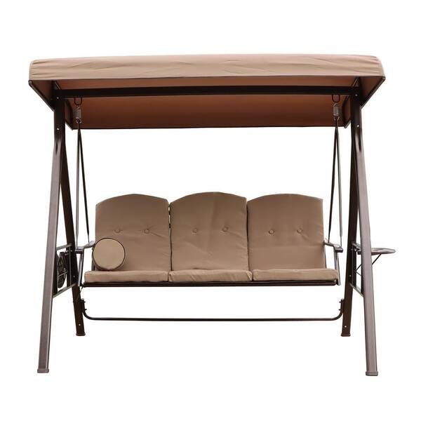 TIRAMISUBEST 3-Person Steel Frame Patio Swing with Brown Cushions, Pillow and Adjustable Tilt Canopy