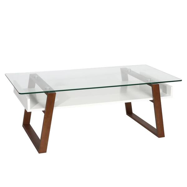 EDGEMOD Segovia 44 in. Clear/Walnut Large Rectangle Glass Coffee Table with Shelf