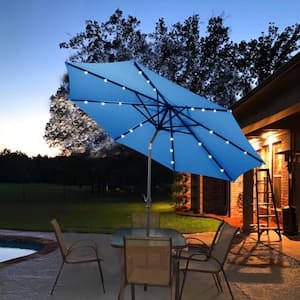 10 ft. Steel Market Solar Tilt Patio Umbrella with Crank and LED Lights in Blue