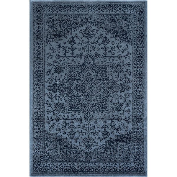 Athena Navy 9 ft. x 12 ft. Rubber Back Washable Oriental Border Indoor Outdoor Patio Area Rug