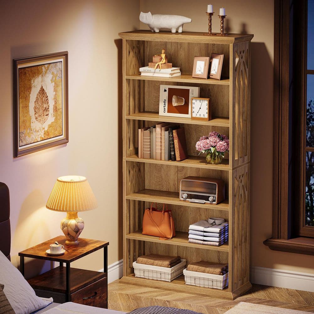 Eulas 75 in. Tall Oak Wood 6-Shelf Standard Bookcase with Interior Shelves, Storage for Living Room, Home Office