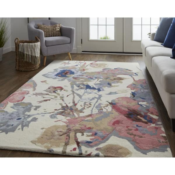 2 ft. x 8 ft. Ivory, Blue Floral Area Rug