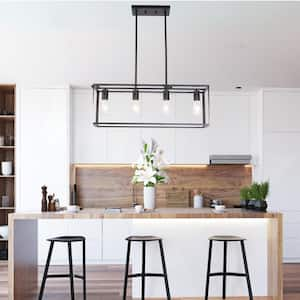 4-Light Industrial Vintage Rectangle Chandeliers Pendant in Black, for Kitchen Bedroom Island Hallway