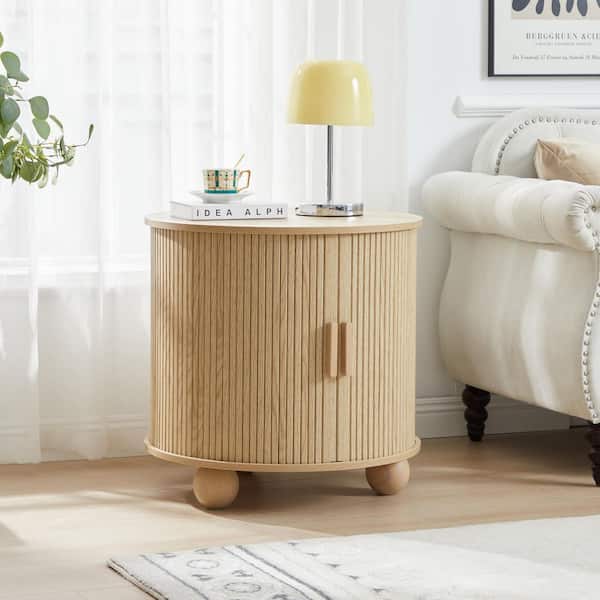 Natural 23.62 in. " Round MDF Nightstand with Double Layer Storage Space and Power Strip