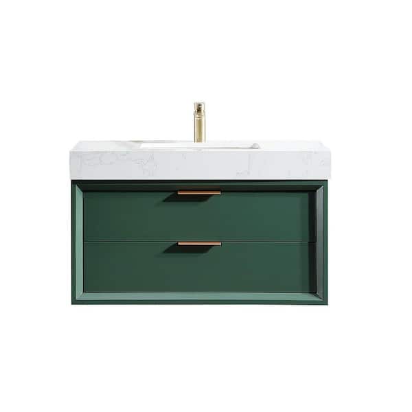 36 in. W x 20.8 in. D x 21.3 in. H Wall Mounted Floating Wood Bath Vanity Cabinet in Green with Ceramic Sink Top