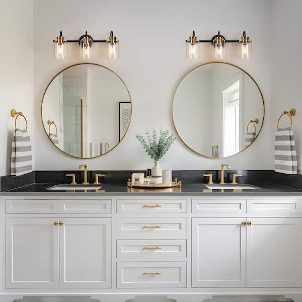 21 in. 3-Light Black Bathroom Vanity Light Modern Vintage DIY Brass Bath Light Clear Glass Farmhouse/Rustic Wall Sconce