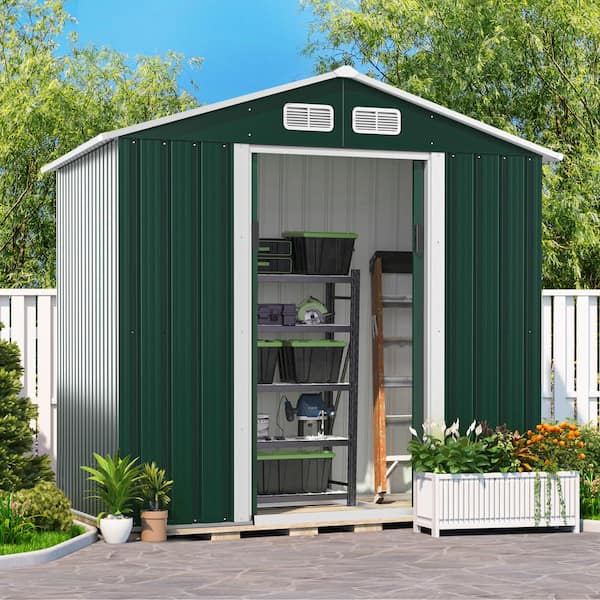 JAXPETY 4.2 x 7 Outdoor Steel Storage Shed Stable Base Green Lawn Equipment Tool Organizer for Backyard Garden w/ Gable Roof Lockable Sliding Door Vents 
