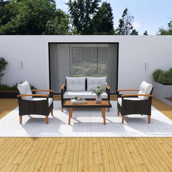 Boosicavelly 4-Piece Garden PE rattan Outdoor Patio Conversation Set with Beige Cushions and Wood Table Legs