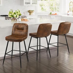 24 in. Modern Metal Frame Dark Brown Faux Leather Upholstered Counter Stools with Footrest Set of 3