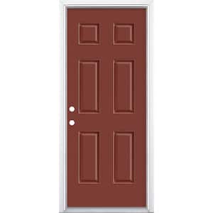 32 in. x 80 in. 6-Panel Red Bluff Right-Hand Inswing Painted Smooth Fiberglass Prehung Front Door with Brickmold