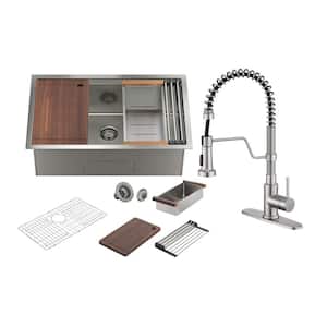 32 in. Undermount Single Bowl 16 Gauge Nano Brushed Stainless Steel Workstation Kitchen Sink with Faucet and Accessories