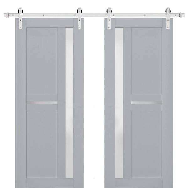 Sartodoors 18 in. x 80 in. 2 Panel Frosted Glass Matte Grey Solid Wood Sliding Barn Door with Hardware Kit