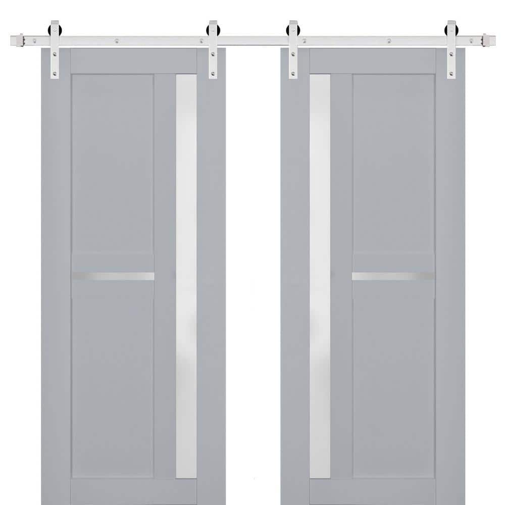 Assemble Required 18 in. x 96 in. 2-Panel Frosted Glass Matte Grey Solid Wood Sliding Barn Door with Hardware Kit price history on PriceWatchPro