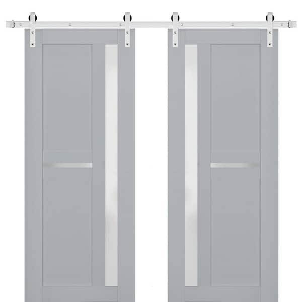 32 in. x 84 in. 2 Panel Frosted Glass Matte Grey Solid Wood Sliding Barn Door with Hardware Kit