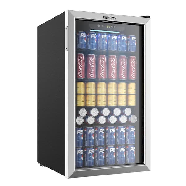 EUHOMY 18 in. Single Zone 126-Cans Freestanding/ Built-in Beverage and Wine Cooler Fridge in Silver with Reversible Door