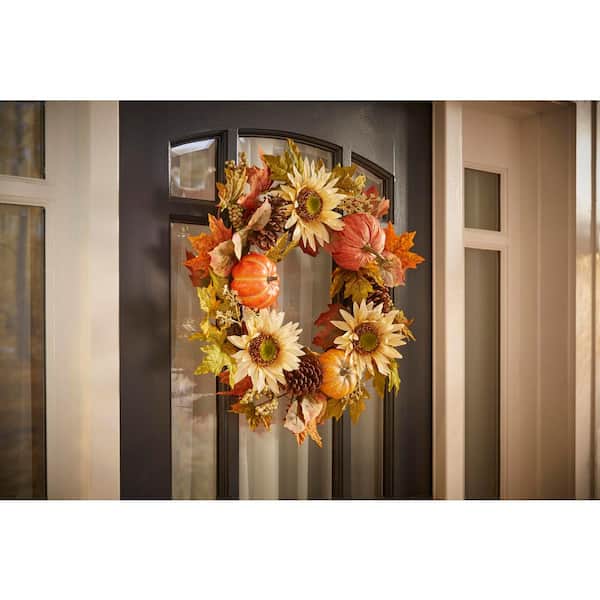 26 in. Unlit Artificial Harvest Sunflower with Pumpkin Wreath