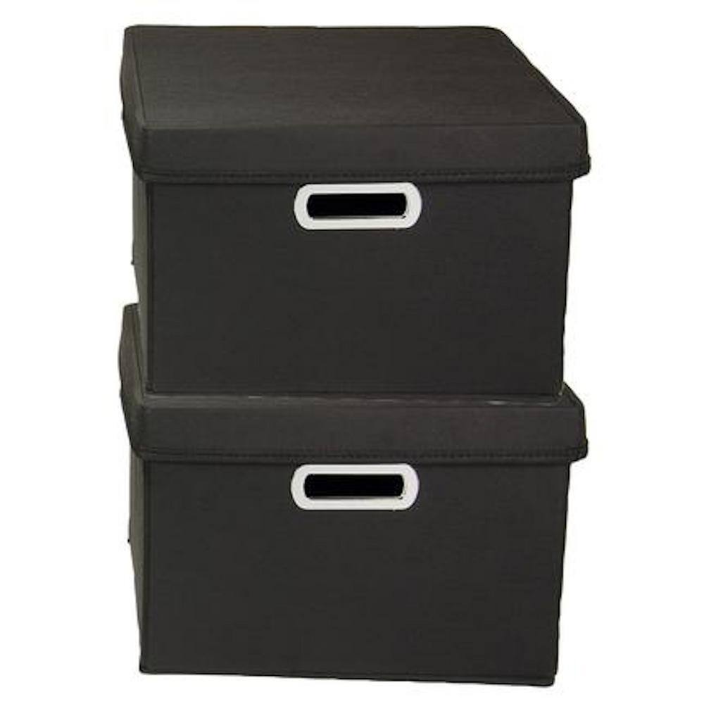 Chic Black Fabric Nested Storage Boxes with Lids, 2-Piece Set