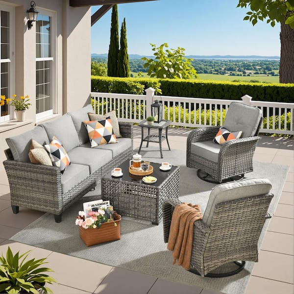 Audrey Gray 5-Piece Wicker Outdoor Patio Modern Conversation Sofa Seating Set with Rocking Chair, Dark Gray Cushion