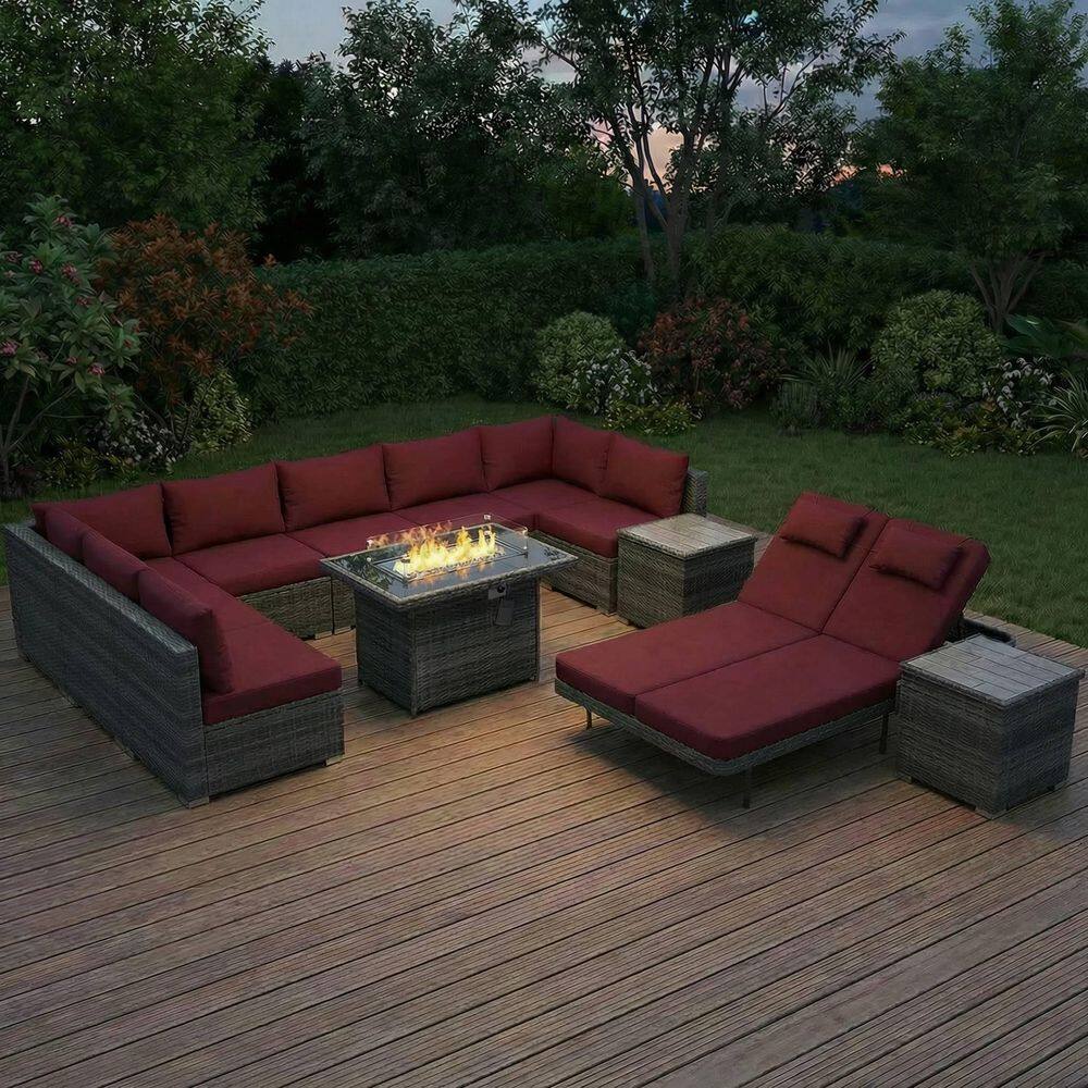 12-Piece PE Wicker Patio Conversation Set with Fire Pit Table and Double Chaise Lounge, Red Cushions price history on PriceWatchPro