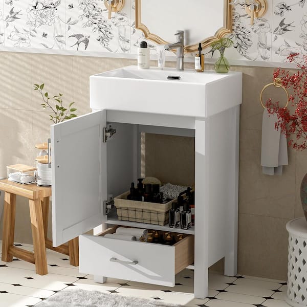 20.28 in. W Single Sink Freestanding White Bath Vanity with White Ceramic Top and Soft-Close Door Unassembled