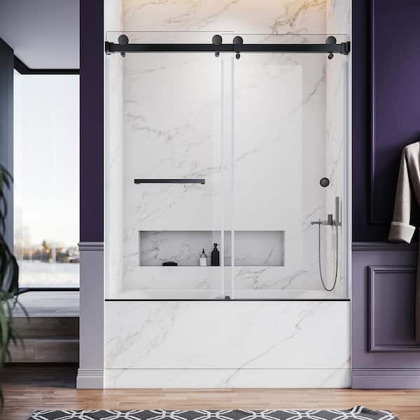 UKD01 61 to 65 in. W x 66 in. H Frameless Double Sliding Bathtub Door in Matte Black with EnduroShield 3/8" Clear Glass