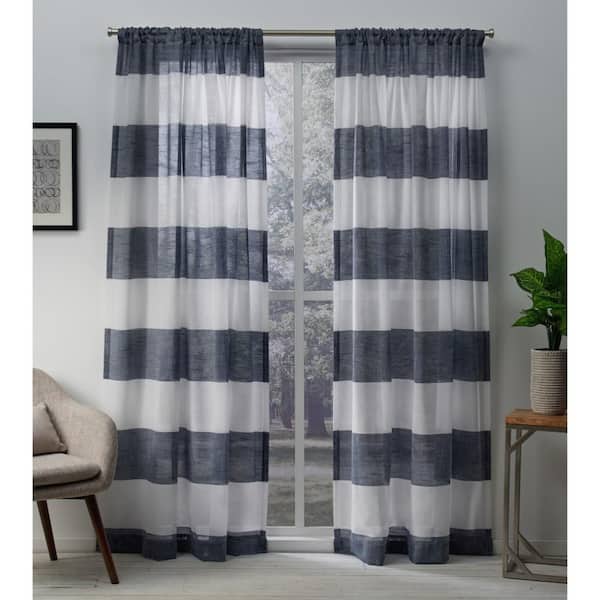 Darma Indigo Stripe Sheer Rod Pocket Curtain, 50 in. W x 84 in. L (Set of 2)